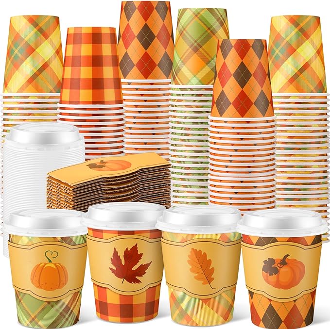 Mimorou 100 Pcs Christmas Disposable Coffee Cups with Lids and Sleeves Bulk 8oz Paper Cup Xmas Cups for Coffee Hot Cocoa B...