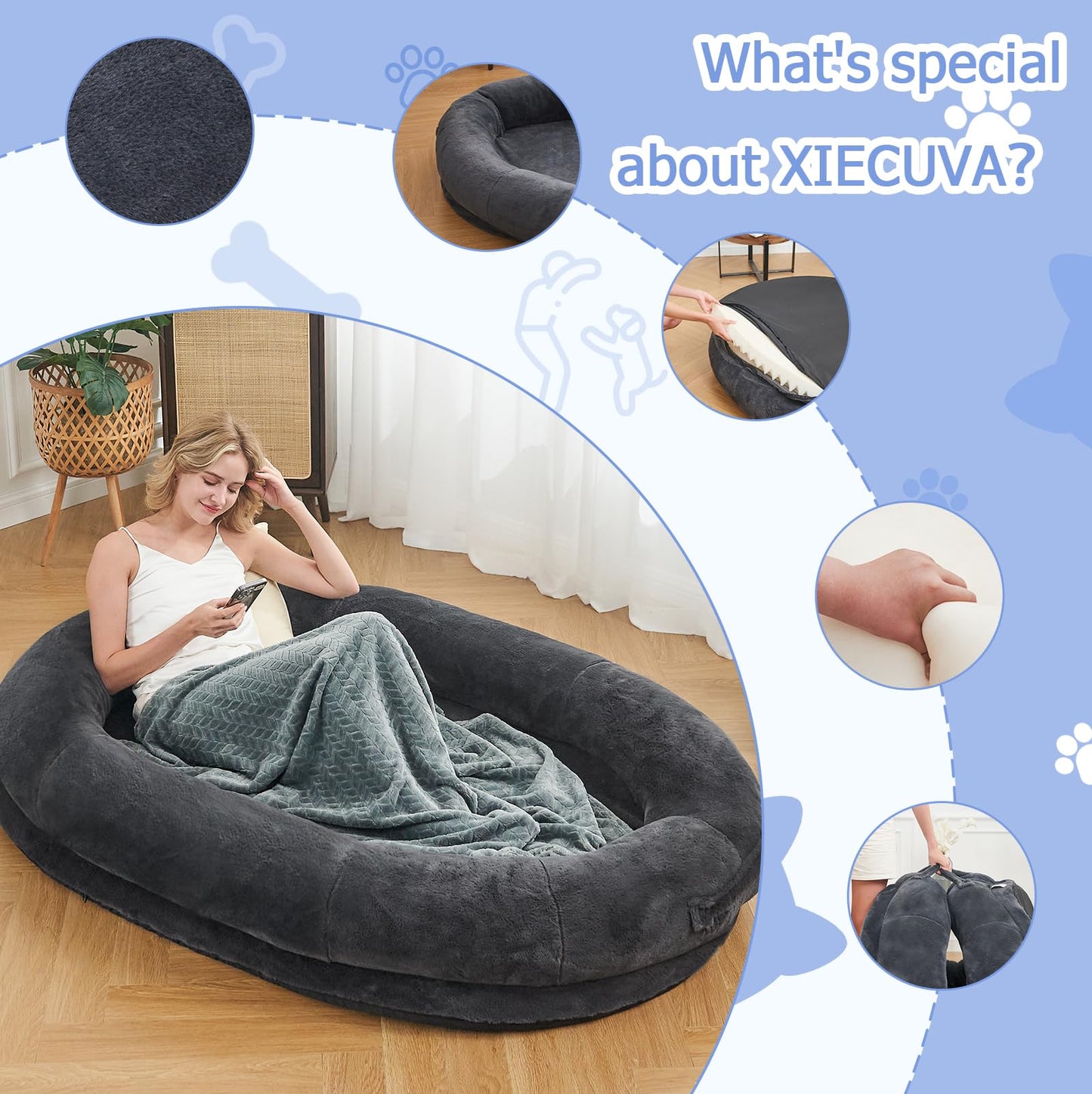 Human Dog Bed,72"x48"x10" Large Gaint Shared Bed for Adult - Flufelbed Standard Cloud Bed for Humans and Dogs - Nap Bed Bean Bag Bed Faux Fur Fluffy Orthopedic Pet Sleeping Bed - Large Charcoal