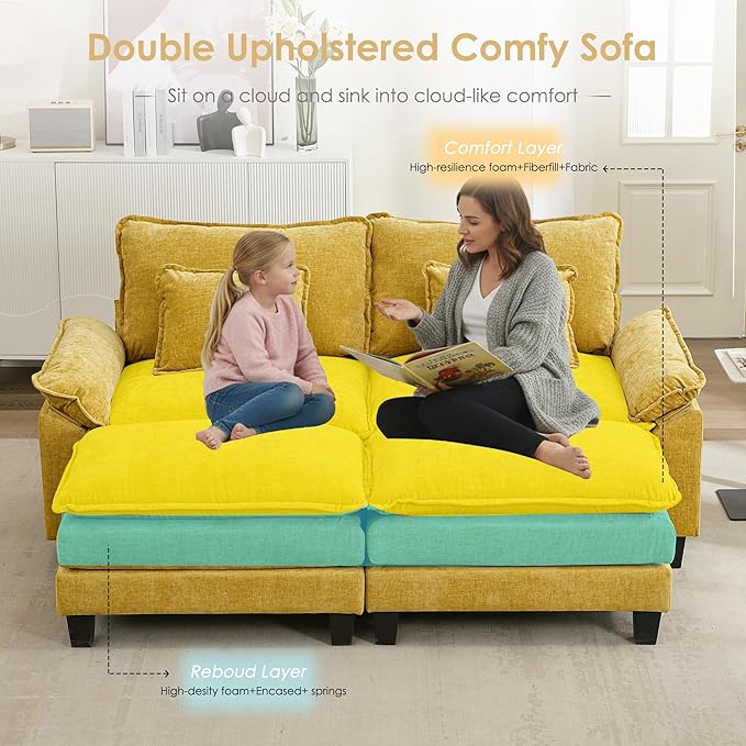 URRED Cloud Couch Modular Sectional Sofa, 87" Modern Loveseat Sofa with 2 Ottomans & Pillows, Ultra Comfy Chenille Couches for Living Room, Bedroom or Apartment, Yellow