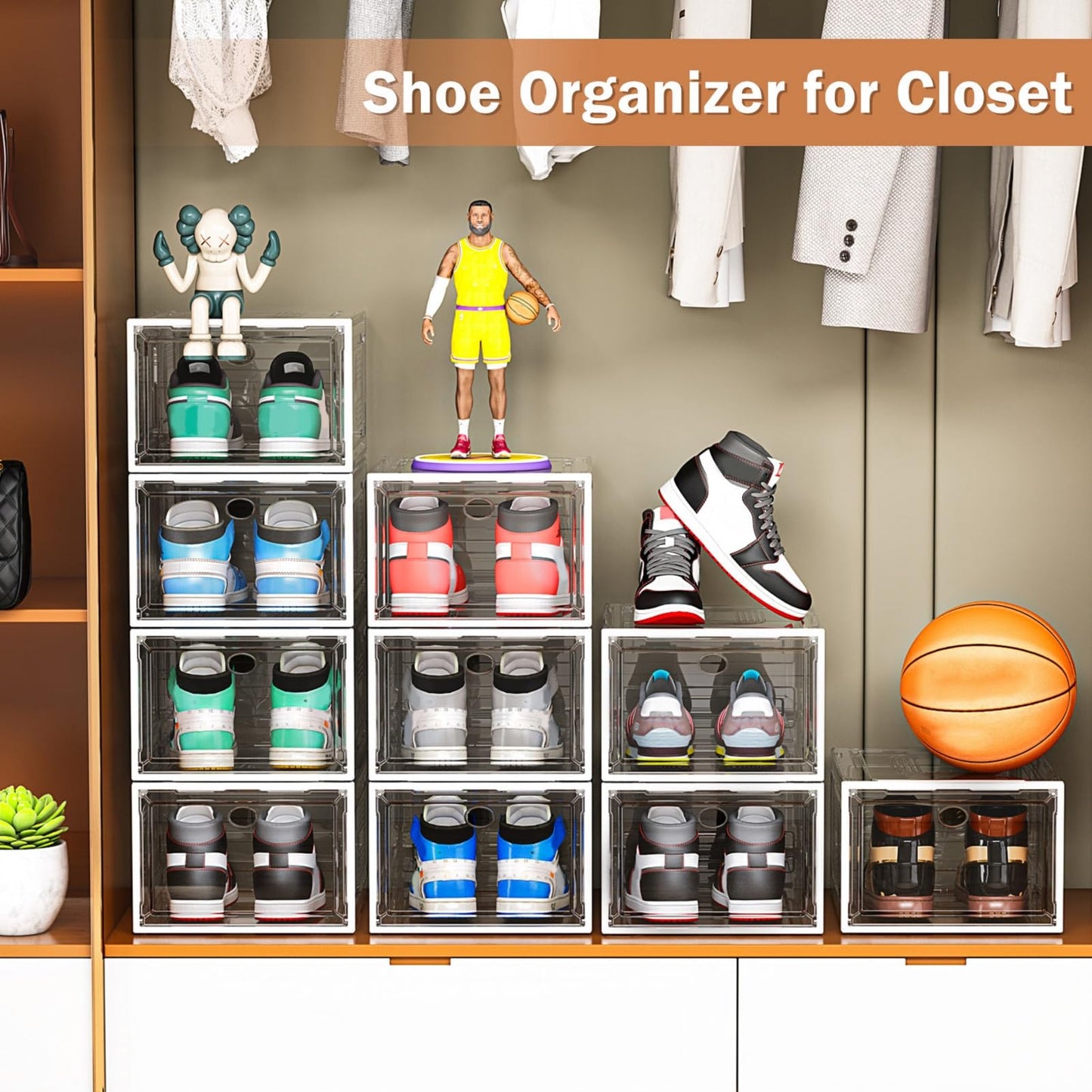caktraie 10 Pack Thicken Shoe Organizer Stackable,Upgraded Sturdy Shoe Storage Box with Magnetic Door,Shoe Containers For Sneaker Display,Hat Organizer,White