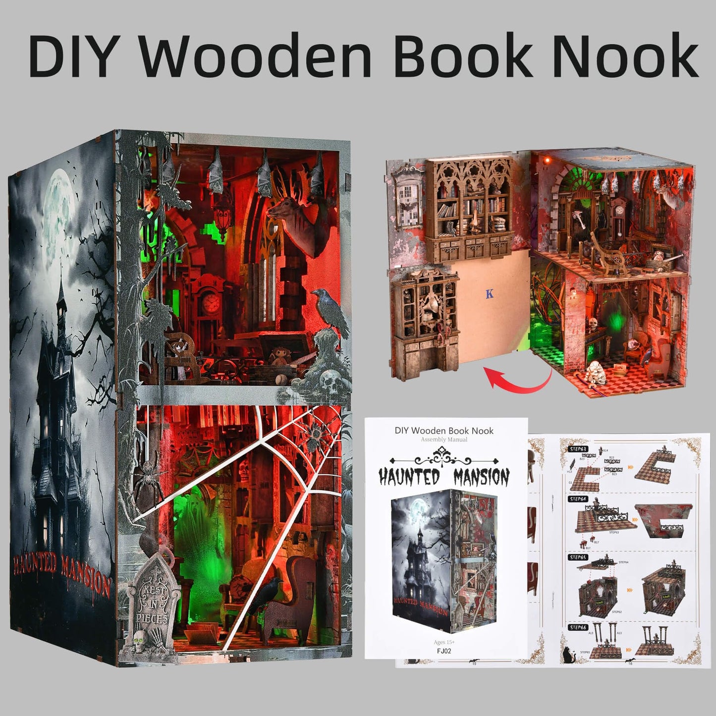 fifijoy Haunted Horror Book Nook Kit, DIY Miniature Dollhouse Halloween Booknook Kit, Spooky Creepy Scary 3D Wooden Puzzle Bookend Bookshelf Insert Decor with LED Light (Haunted Mansion)