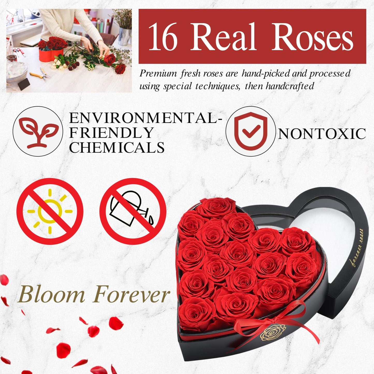 HERBMOTG 16 Forever Flowers in Heart Shaped Box - Preserved Roses Romantic Gifts for Her, Valentine’s Day, Anniversary, Wedding (Red)