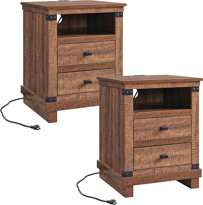 Farmhouse Nightstand Set of 2 with Charging Station, 18" Rustic Night Stand with 2 Storage Drawers, Wood End Table for Bedroom, Living Room, Reclaimed Barnwood