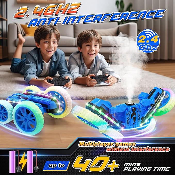 RC Cars Toys, 2-in-1 Remote Control Car Transform 4WD with Spray & LED Lights, 2.4GHz Off-Road Stunt Truck for 360° Flips Gift for Boys Age 8-12 (Blue)
