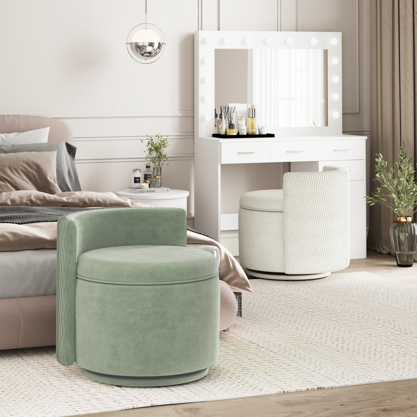allamazing 360° Swivel Accent Chair with Storage, Vanity Stool with Back, Velvet Storage Ottoman, Upholstered Round Barrel Vanity Chair for Living Room, Makeup Room, Bedroom (Green)