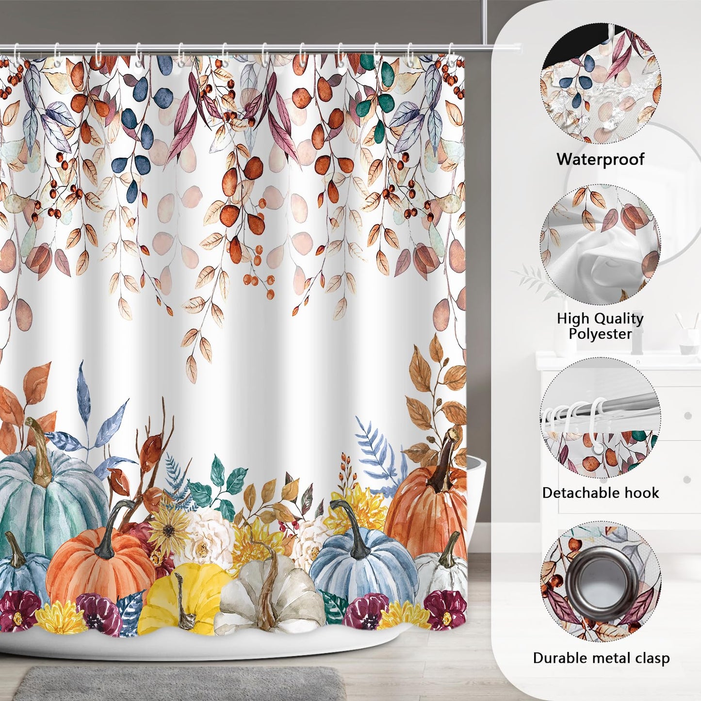 APROPHIC Fall Pumpkin Shower Curtain 4PCS, Thanksgiving Eucalyptus Leaves Pumpkin Shower Curtain Set,Farmhouse Boho Bath Decor with Non-Slip Rugs Toilet Lid Cover and Bath Mat