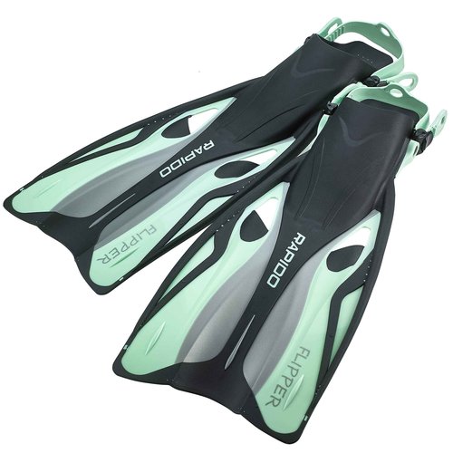 Rapido Boutique Collection Italian Design Premium Tempered Glass Lens Anti-Fog Panoramic View Frameless Snorkel Mask, Elite Dry Snorkel Tube, Quick Adjust Fins - Mask Fin Snorkel Set