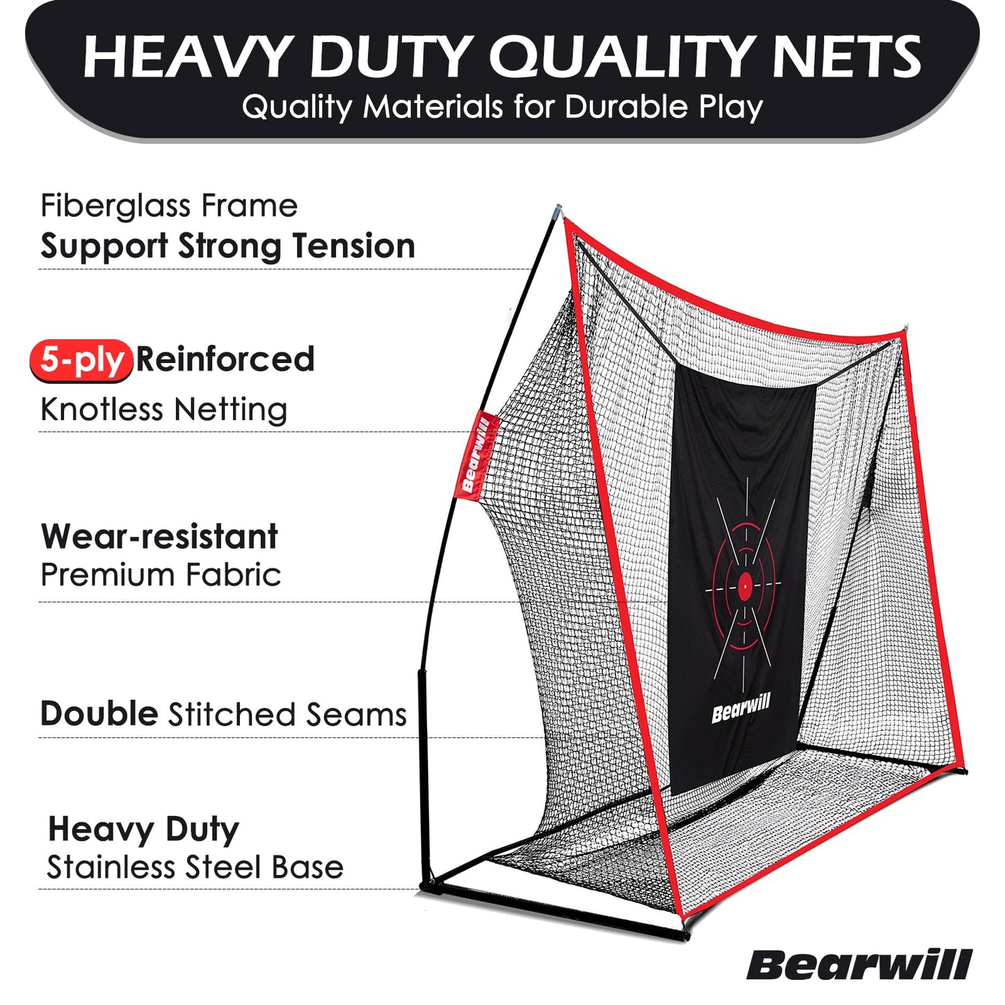 Bearwill Golf Net, 10x7ft Heavy Duty Golf Practice Nets with Mat, Target Cloth, 8 Tees, 6 Balls, Carry Bag for Backyard Driving Chipping Indoor Outdoor Training