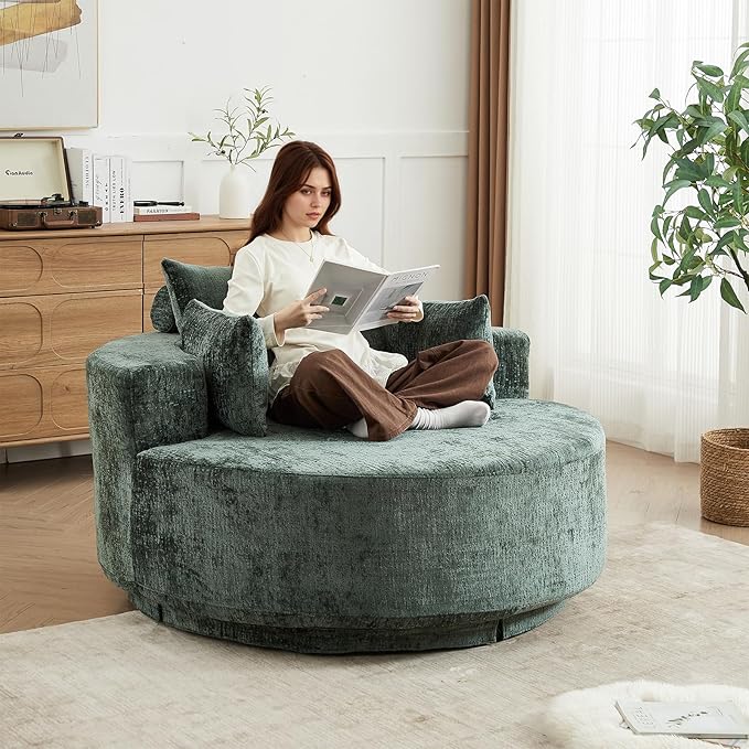 Oversized Round Swivel Chaise Longue Chair Indoor, Modern 55-inch 360 Degree Swivel Upholstered Chenille Deep Seat Circle Single Cloud Sofa Chair for Living Room Bedroom Apartment Office, Green