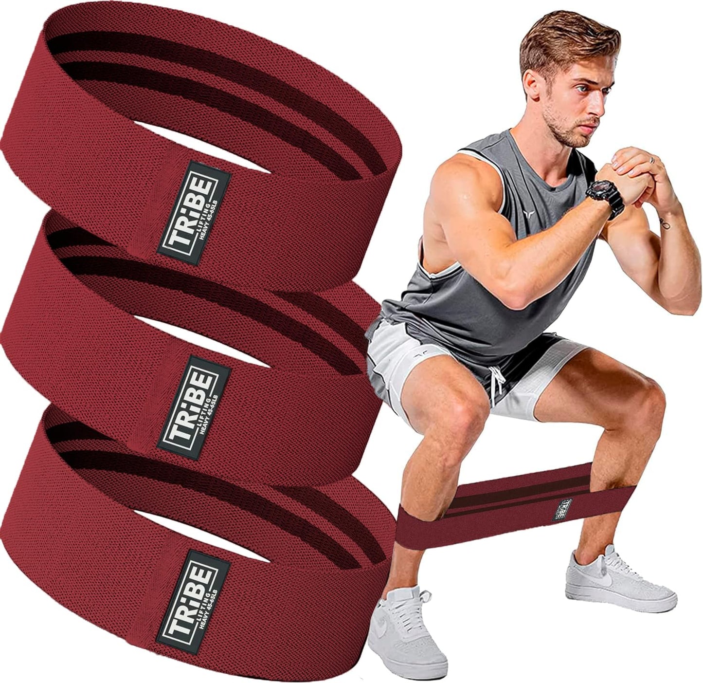 Tribe Lifting Fabric Resistance Bands for Exercise - Hip Bands for Working Out Legs, Glutes, Knees and Thighs for Men and Women - Cloth Circle Booty Bands for Physical Therapy (Red)