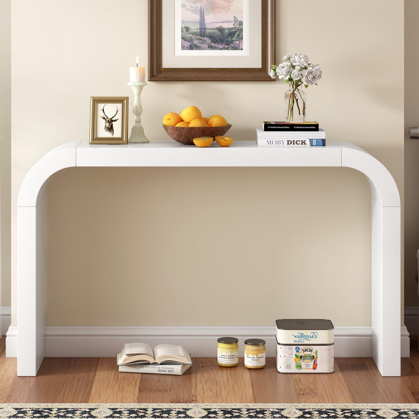 BSYEIO 52" Curved Console Table for Entryway Modern Long and Narrow Foyer Table Behind Couch for Corridor Living Room Wood (White)