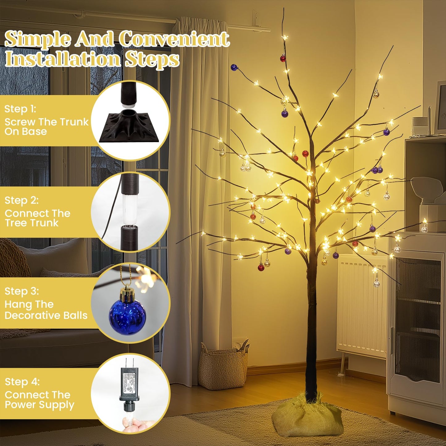 Lighted Birch Tree Set of 3, 4FT 5FT 6FT 200 LED Christmas Birch Tree with Decor Balls for Indoor Outdoor Home Christmas Easter Holiday Decoration