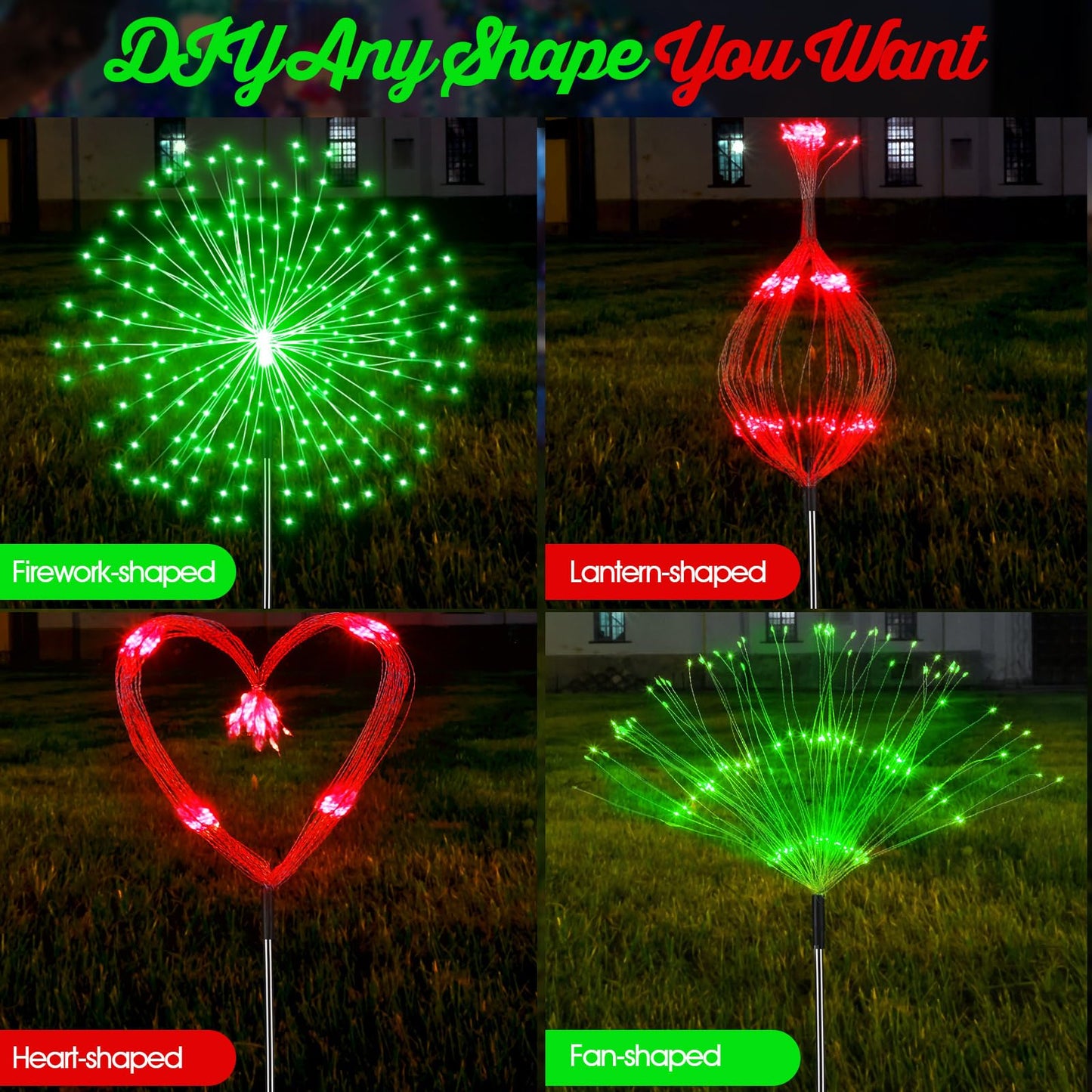 Tujoe 4 Pack Valentine's Day Solar Firework Lights Decorations Garden Pathway Solar Power Light Stake Waterproof with 180 LED 8 Modes for Valentine's Day Mardi Gras Decoration(Red Green)