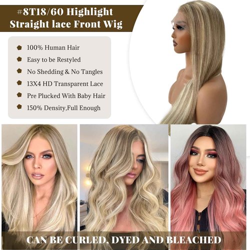 Belaved Lace Front Wigs Human Hair Highlight 13x4 Straight HD Transparent Real Human Hair Wig 150% Density Ombre Ash Brown to Blonde Glueless Lace Frontal for Women Pre Plucked 16 Inch