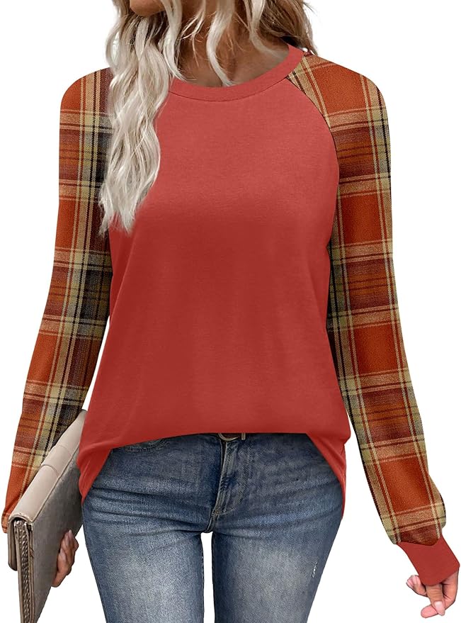 WIHOLL Long Sleeve Shirts for Women Color Block Raglan Tops Casual Crewneck Basic Tees Fall Clothes 2025 Fashion