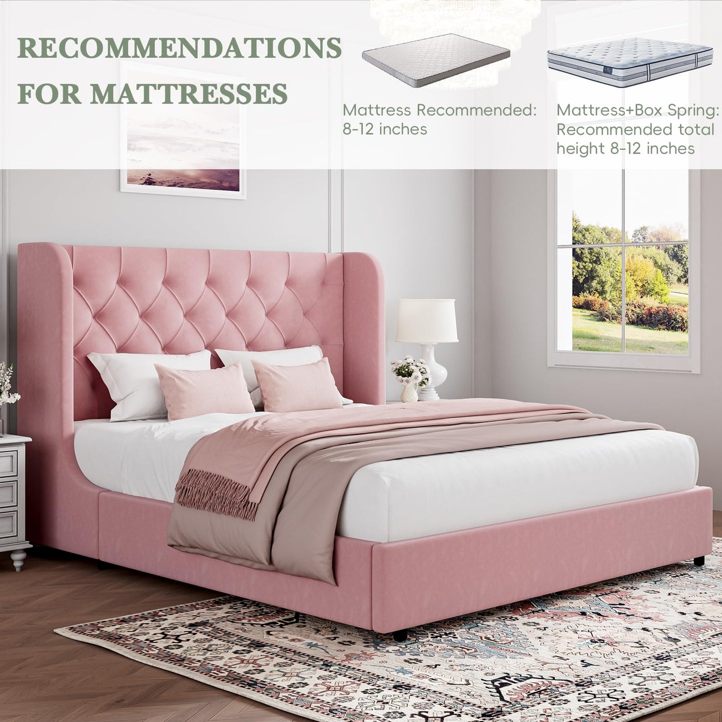 HOMBCK Pink Full Size Bed Frame, Upholstered Platform Bed Frame with Velvet Tufted Headboard, Curved Wingback Design, Wooden Slats, No Box Spring, Noise Free, Easy Assembly