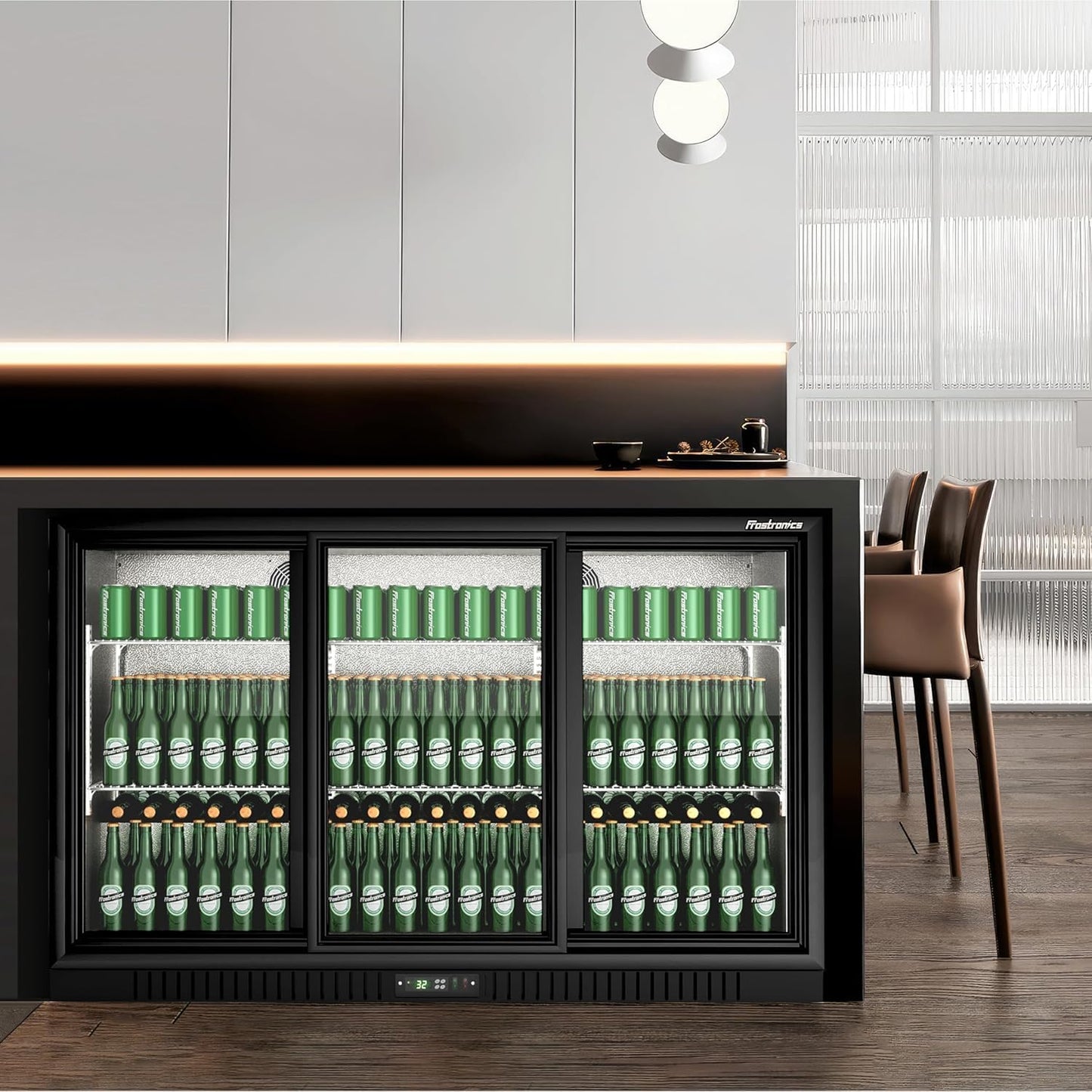Frostronics 54 in. 335 cans Triple Sliding Door Back Bar Beverage Cooler, 10.8 cu. ft. Under Counter Glass Door Bar Fridge, lockable, 32-50°F Display Refrigerator, ETL & NSF7 Certified