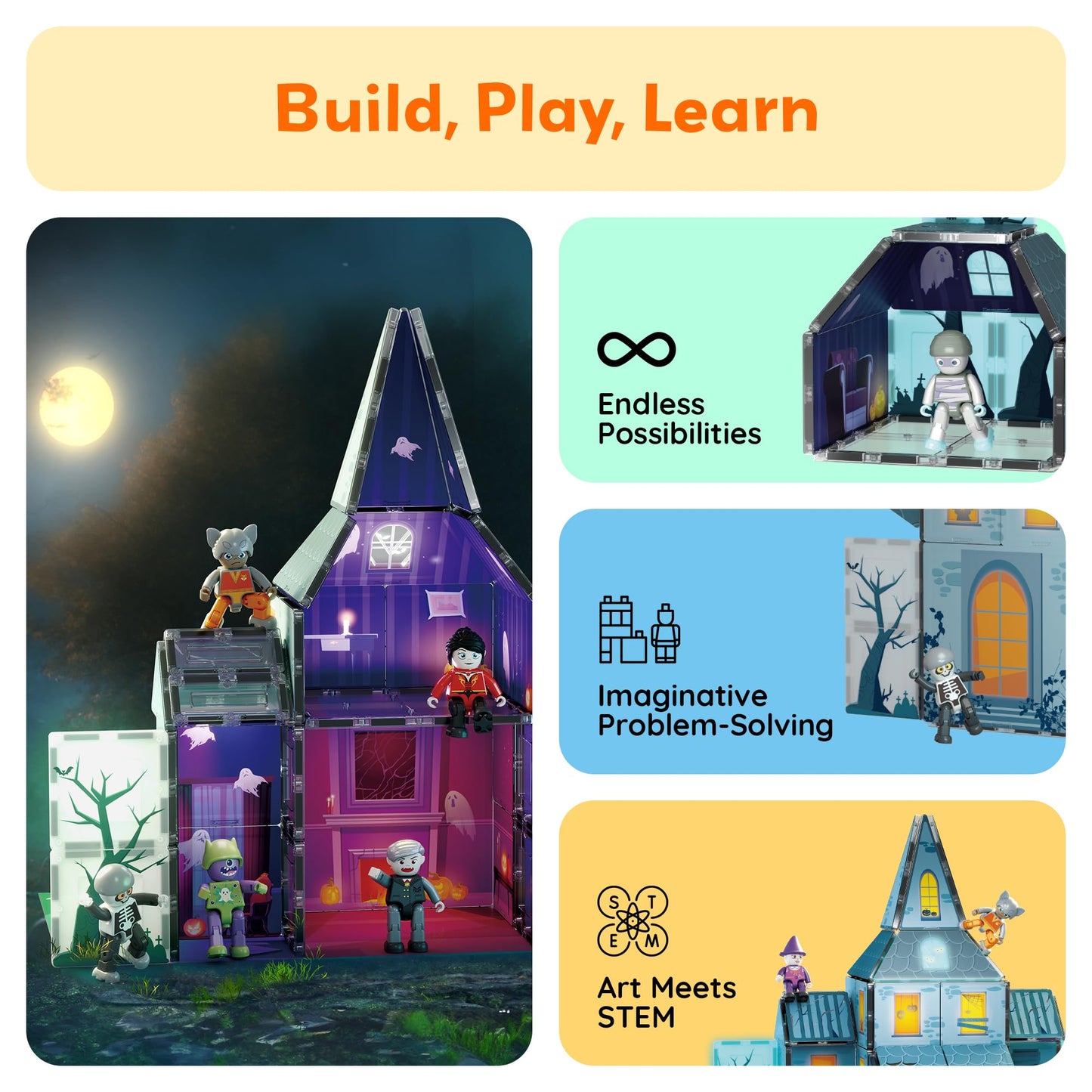 PicassoTiles Haunted House Theme Magnet Tile Building Blocks 8 Action Figures Magnetic Construction Toy Double Sided Printing Education STEM Learning Playset Halloween Adventure Kid Ages 3+ PTQ03