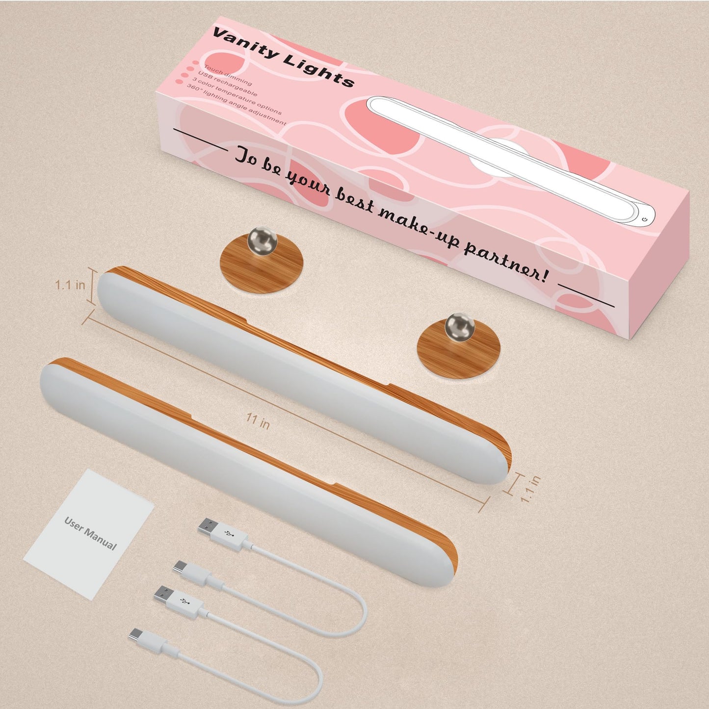 Benreom 2 Pack Vanity Lights for Mirror with 4000mAh Rechargeable Battery, Touch Control Dimmable Makeup Light with 3 Color Modes, Magnetic 360° Adjustable LED Bathroom Mirror Light, Light Wood
