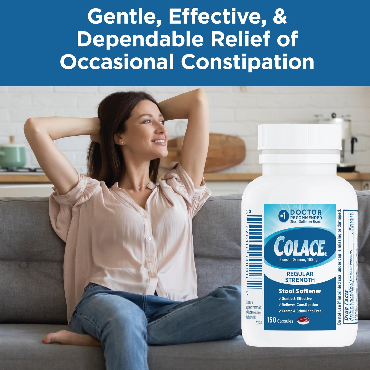 Colace Stool Softener 100 mg, 150 Capsules, Constipation Relief, Docusate Sodium, Gentle Docusate, Stimulant-Free, Regular Strength, #1 Doctor Recommended Stool Softener Brand