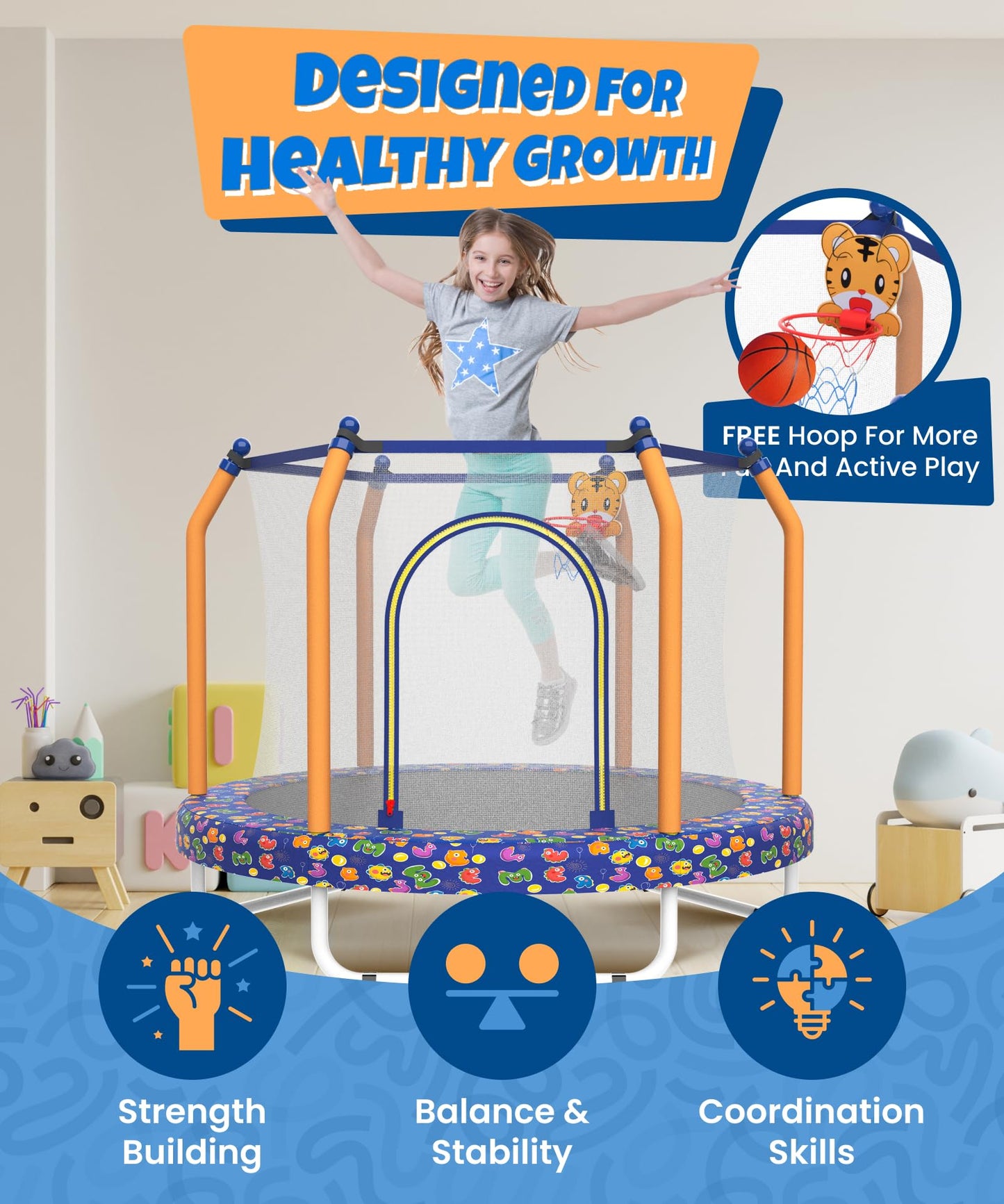 Mersco 55" Indoor Trampoline for Kids, Mini Indoor & Outdoor Small Toddler Trampoline with Net and Basketball Hoop,Birthday Gifts for Boy and Girl, 440lbs Capacity, Age 1-8