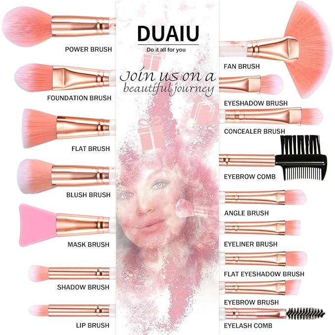 DUAIU Professional Makeup Brushes Set 16PCS Marble Handle with 4PCs Sponge Blenders Foundation Brushes Eyeshadow Brush Lip Brush Silicone Face Mask Brush Make Up Tool