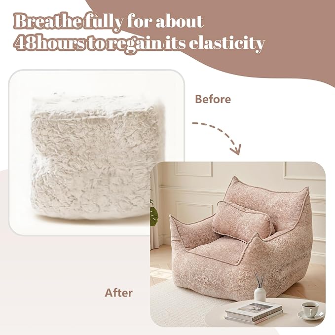 Adult Bean Bag Chairs with Pillow, Comfy Large Bean Bag Couch for Teens with Armrests, Giant BeanBag Sofa for Living Room, Bedroom, Light Brown