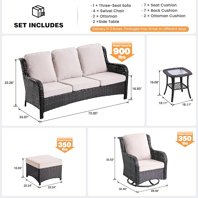 ovios 9 Pieces Patio Furniture Set, Outdoor Wicker Sofa Couch with Swivel Chairs Ottomans Comfy Cushions, High Back Modern All Weather Conversation Sets, Brown Rattan, Beige