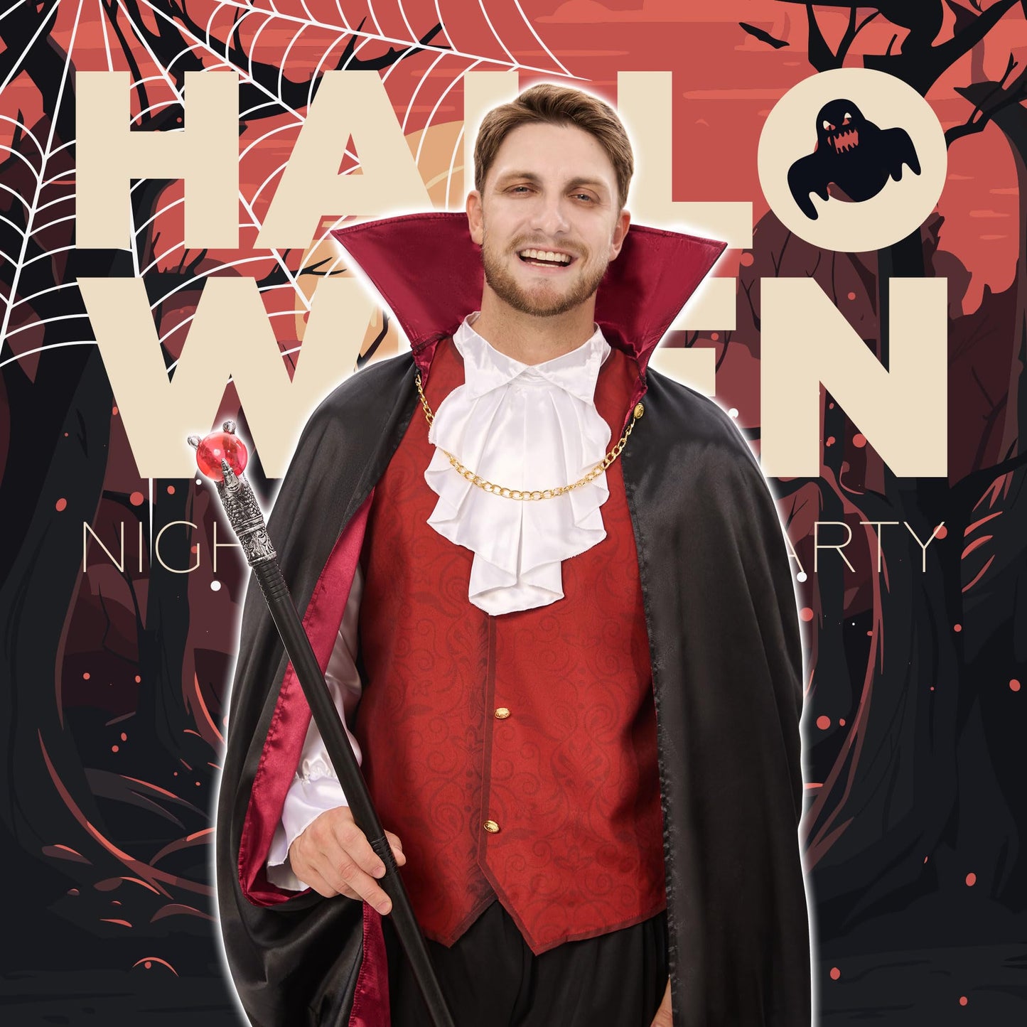 Joyful Start Vampire Costume Men Adult, Mens Vampire Costume with Vampire Cape and Vampire Teeth, Halloween Costumes Men Adult Dress Up XL