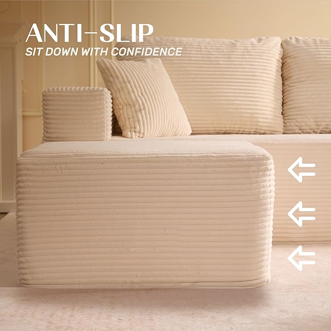 Afuson 107" Boneless Couch with Deep Seat, Modular Sectional Sofa, Cloud Sectional Couch for Living Room, No Assembly Required, Corduroy, L-Shape Left, White