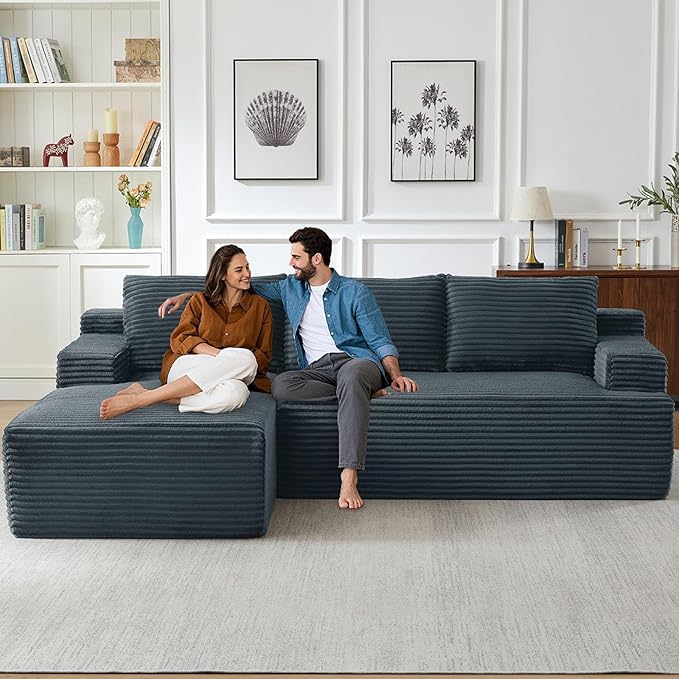 96" Cloud Sectional Couch with L-Shape Chaise, Modern Corduroy Boneless Couch for Living Room,Memory Foam Sofa with Deep Seat,No Assembly Required (Dark Gray,Left-Facing Chaise)