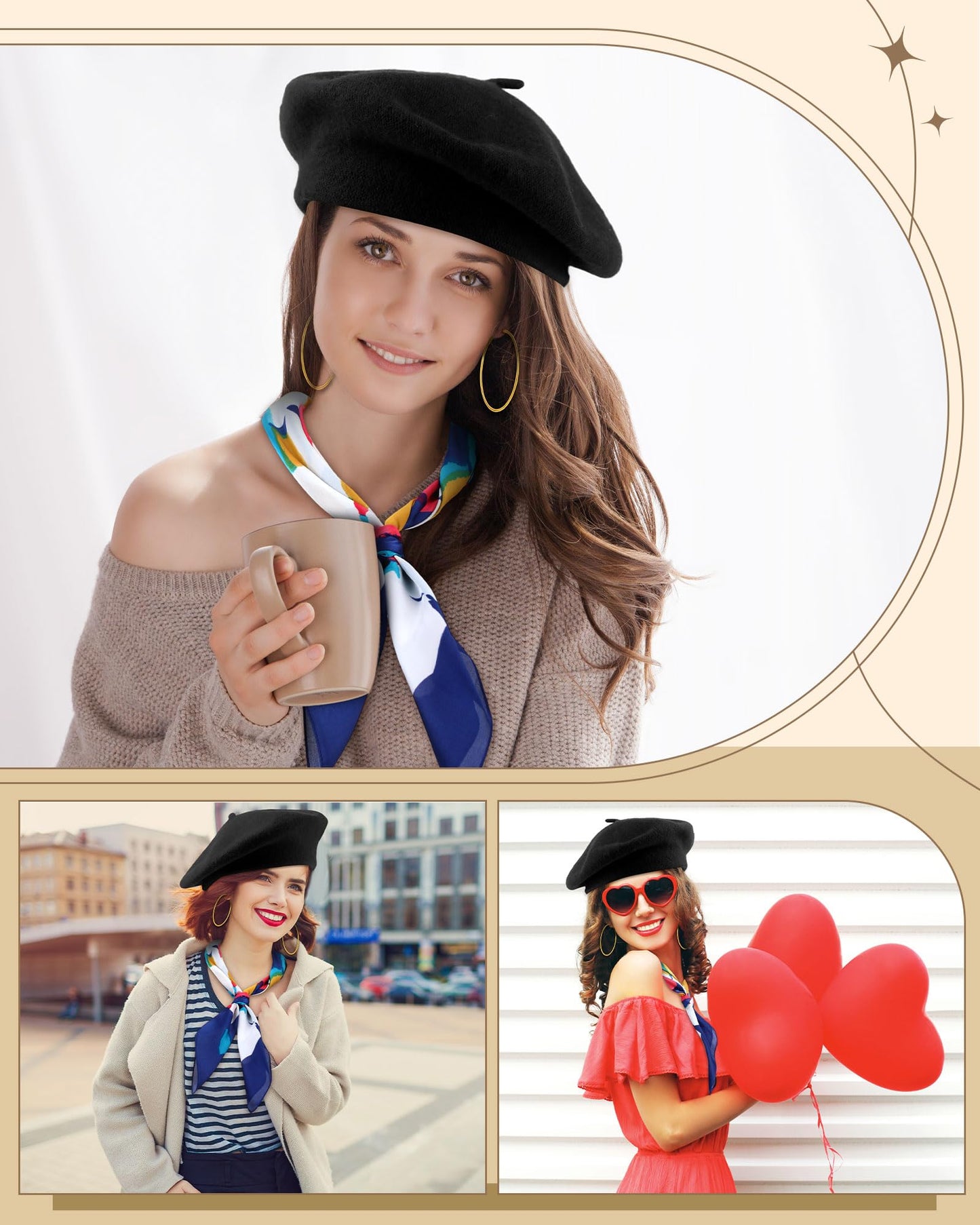 Shyyween 6 Pcs Silk Feeling Scarf 27.5 Inch French Beret Hats for Women Gold Plated Hoop Earrings Set Satin Oil Paint Head Scarf for Gift(Black)