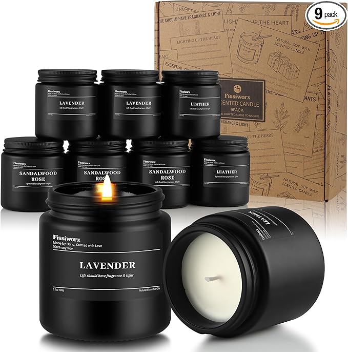 9 Pack Scented Candles Set Gifts for Men, Aromatherapy Candle Set with Scents （Lavender/Sandalwood Rose/Leather）- Gift for Dad, Boyfriend, Birthday, Father’s Day, Anniversary