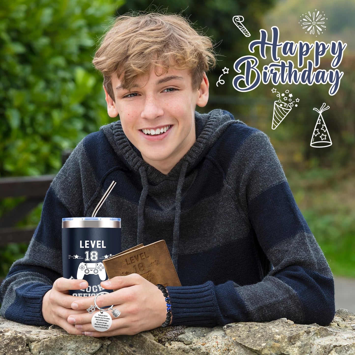 8 Pcs Happy 18th Birthday Gifts for Boys, 18 Year Old Boy Birthday Gifts Ideas with 20 Oz Tumbler, Funny Socks, Toilet Paper, Bracelet, Teen Boys Wallet, Keychain for Son, Nephew, Grandson, Brother