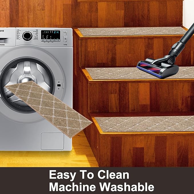 BEQHAUSE Stair Treads 15 Pack Non Slip Stair Runner 28inX9in Machine Washable Stair Mats 100% Polyester Soft Stair Carpet Treads for Wooden Steps