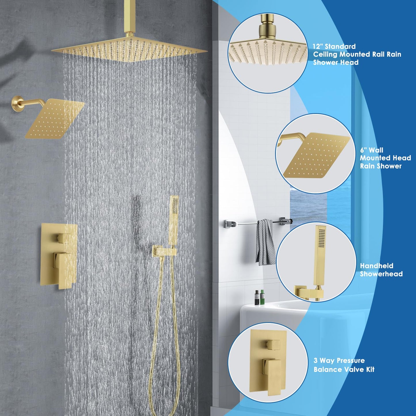 NPYSVSSS Shower System Dual Shower Heads with 12" Ceiling Mounted Rain Shower Head & 6" Wall Mounted Head Full Body Luxury Rain Shower System 3 Way Pressure Balance Valve Kit, Brushed Gold