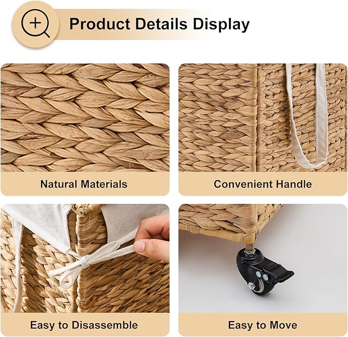 Rolling Laundry Hamper with Lid and Wheels, Slim Laundry Basket with Removable Liner Bag & 2 Mesh Bags, Handwoven Water Hyacinth Clothes Hamper for Bedroom Bathroom (Natural, 85L)
