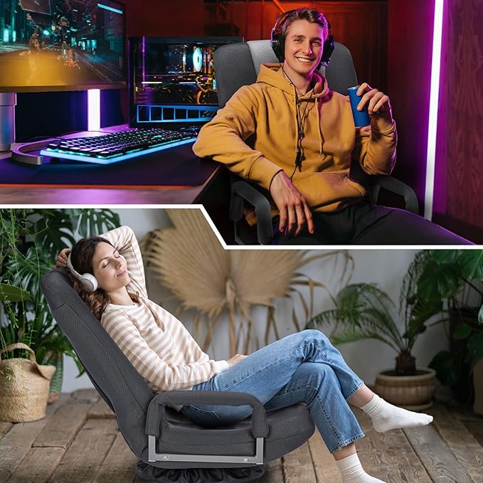 ACIPENSER Swivel Gaming Chair Multipurpose 2PACK Floor Gaming Chair for Playing Video Games, TV, Reading w/Armrest Lumbar Support & 6 Adjustable Postion Backrest for Adults & Kids,Grey