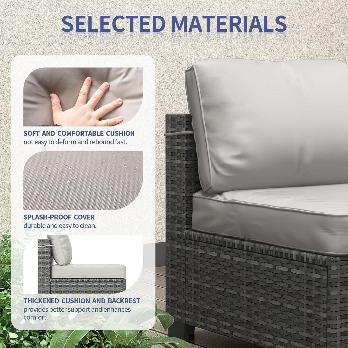 Patio Furniture Set, 7 Pieces Outdoor Sectional Sofa Set with Dining Table & Thickened Cushions, All-Weather PE Wicker Patio Furniture for Garden Lawn Deck, Grey & Blue