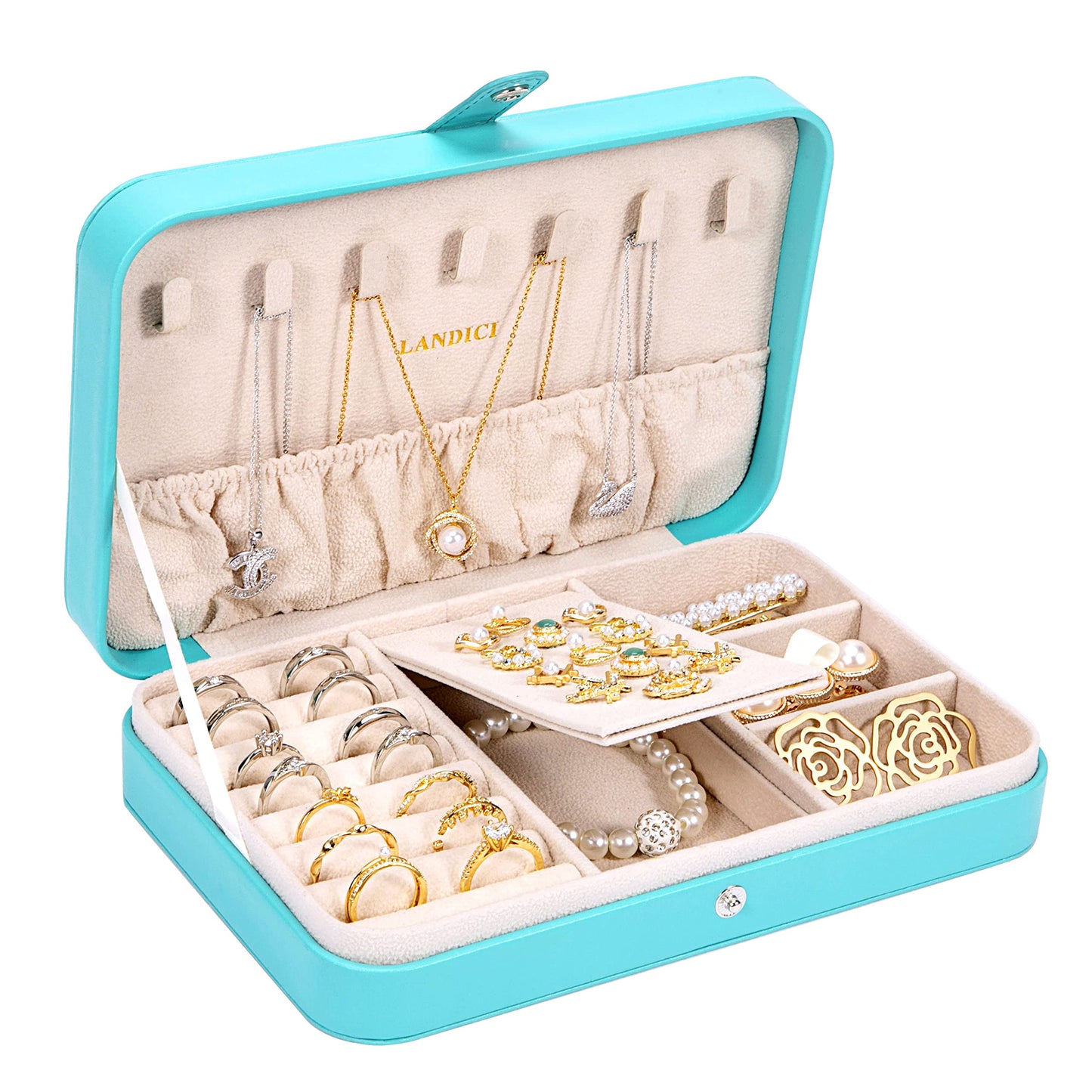 LANDICI Small Jewelry Box for Women Girls, PU Leather Travel Jewelry Organizer Case, Portable Jewellery Storage Holder Display f
