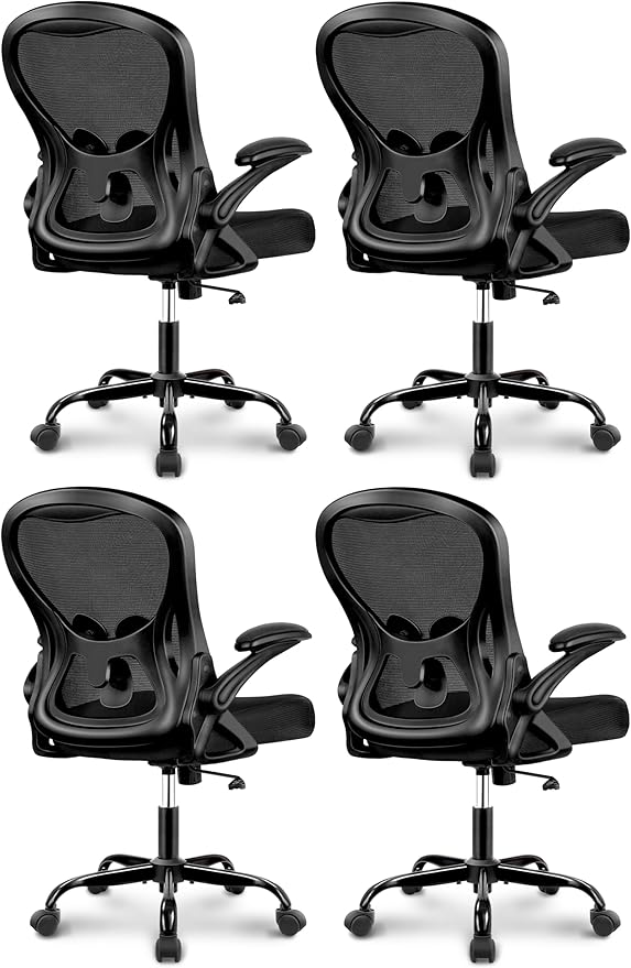 Winrise Office Desk Chair, Ergonomic Breathable Mesh Computer Chair Home Office Desk Chairs with Adjustable Lumbar Support & Flip-up Arms (Black, 4 Pack)