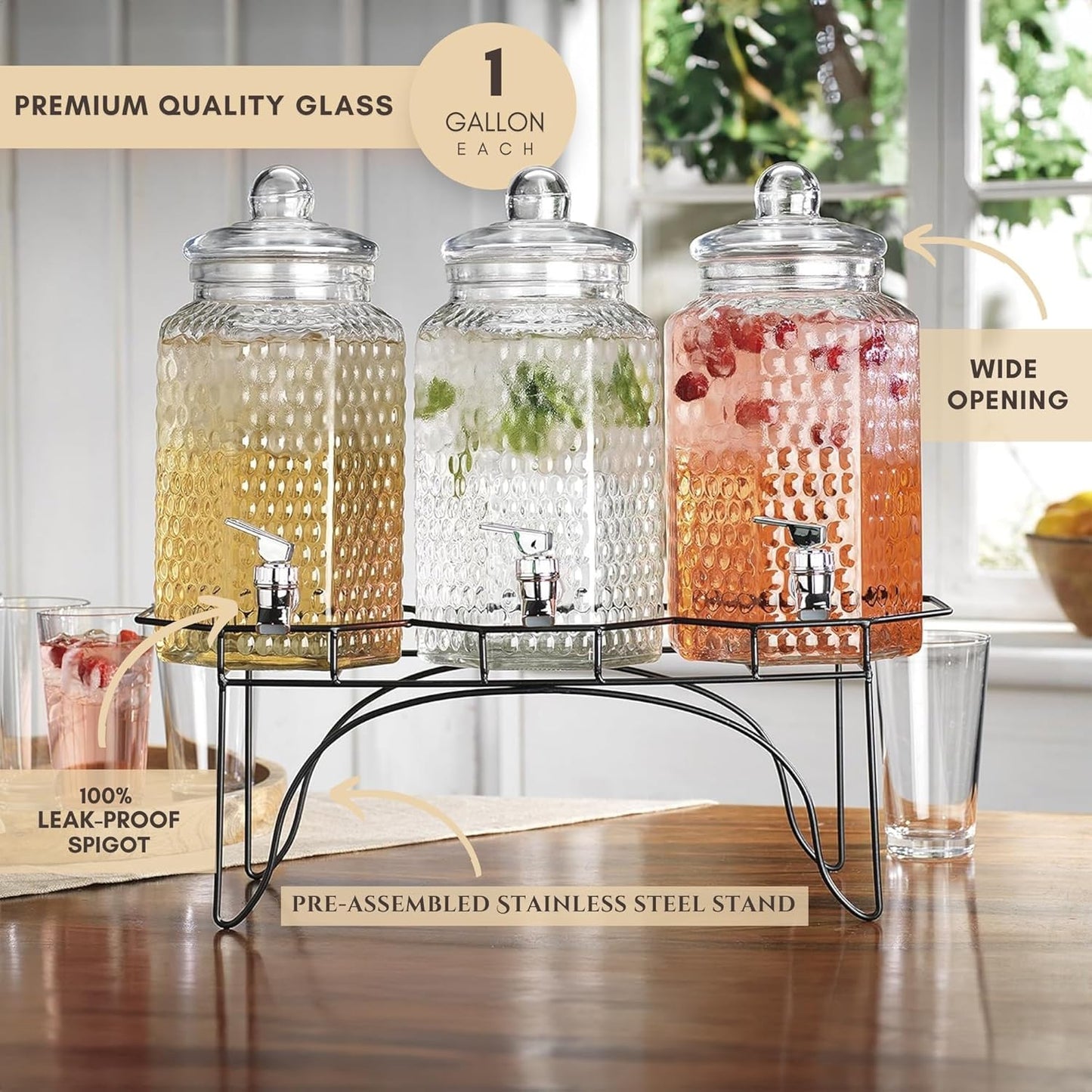 Drink Dispenser Set of 3 - Beverage Dispenser with Stand - Glass Drink Dispensers for Lemonade, Juice, Water, Iced Tea, Punch - 1-Gallon Countertop Party Drink Dispensers