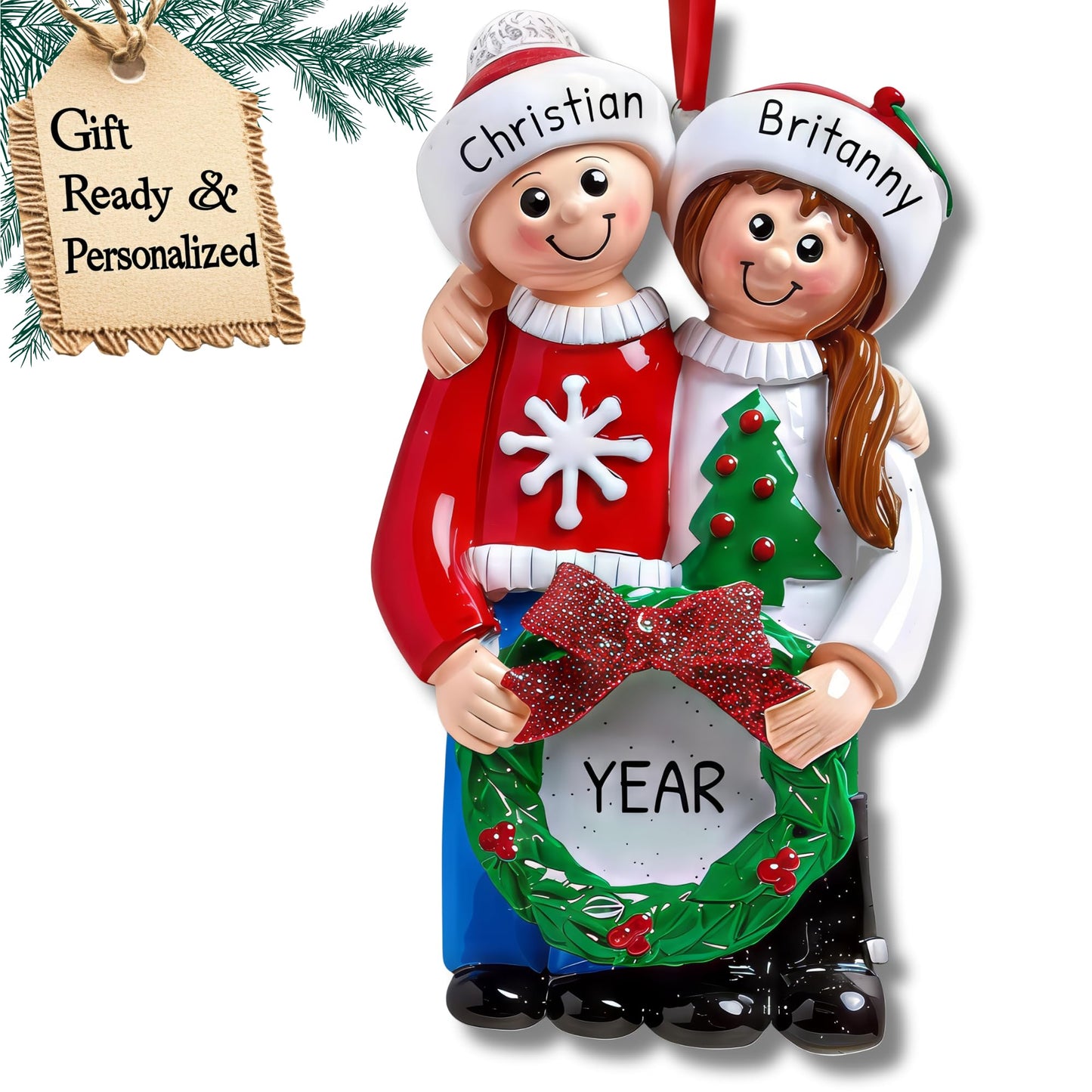 Personalized Couple Christmas Ornament 2025 | Custom Name & Year | 1st Married Ugly Sweater for Husband & Wife, Boyfriend & Girlfriend, Newlyweds, Family of 2 | Xmas Tree Decor Stocking