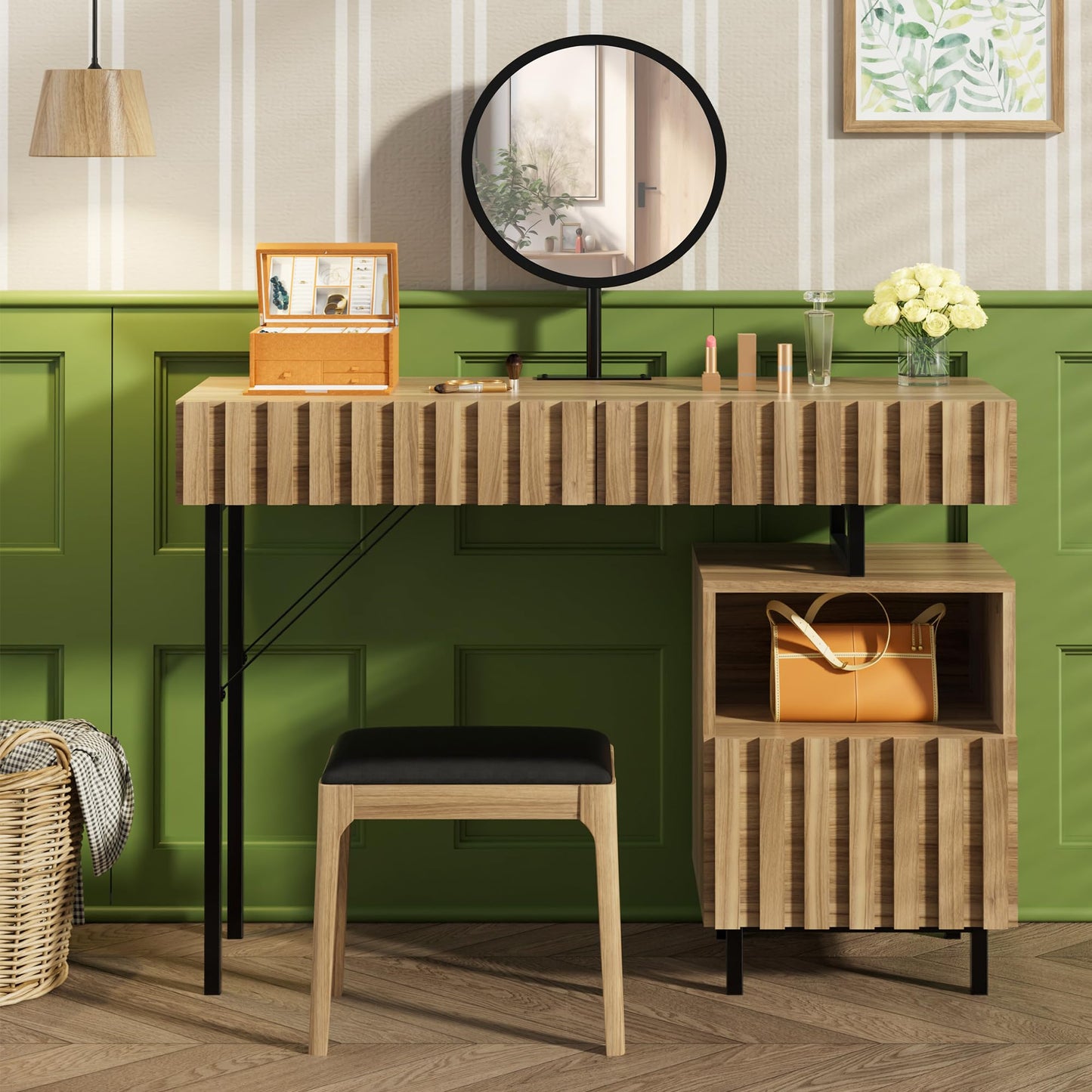 UEV Wood Vanity Desk with Mirror,Makeup Vanity Set with Drawer Chest,Vanity Dressing Table Makeup Desk Set with Storage Space for Bedroom(Wood)