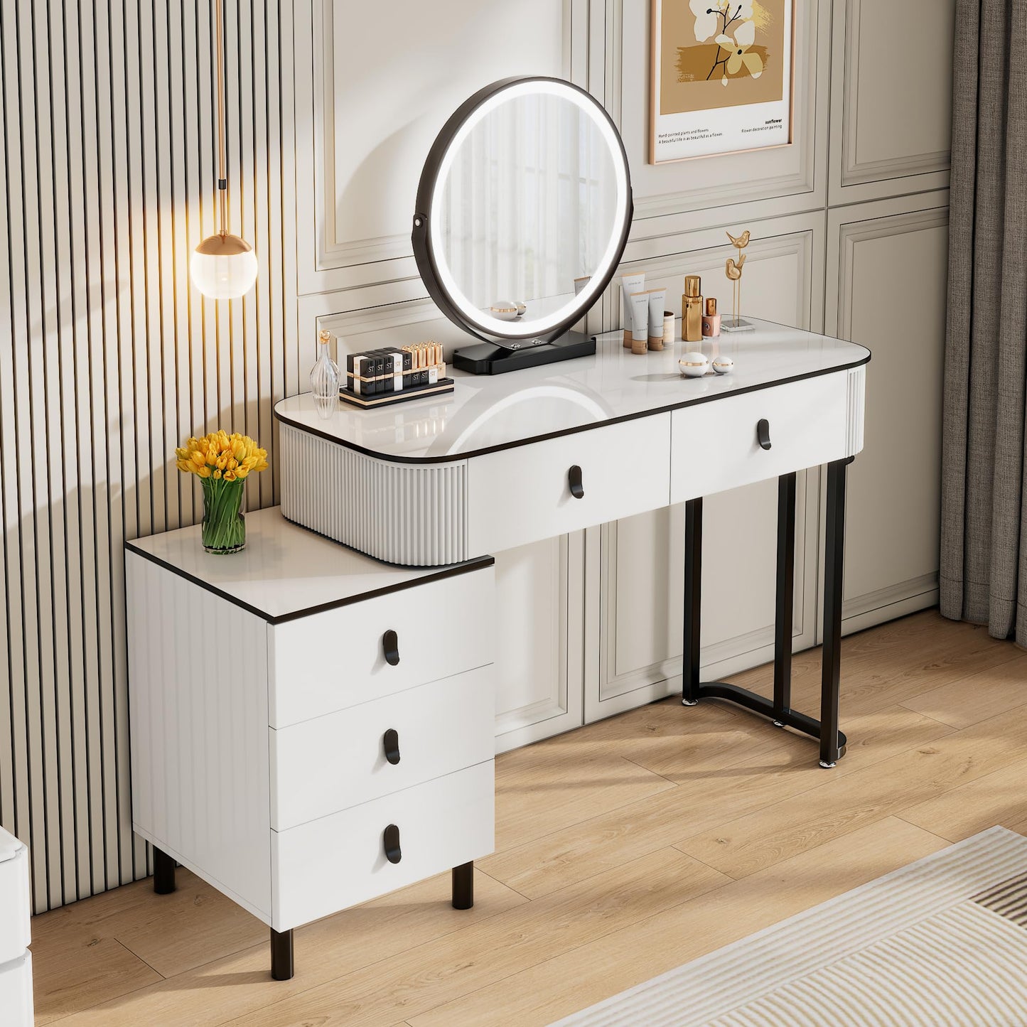 KDCAS Modern Vanity Desk with Mirror and Led Lights, Small Retractable Makeup Combo with Adjustable Cabinet, Dressing Table Set with 5 Drawers Storage for Bedroom, White