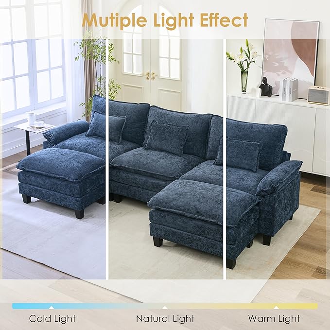 URRED Cloud Couch Modular Sectional Sofa, 122" Modern U Shaped Deep Seat Sofa with 2 Ottomans & Pillows, Ultra Comfy Chenille Couches for Living Room, Bedroom or Apartment, Blue