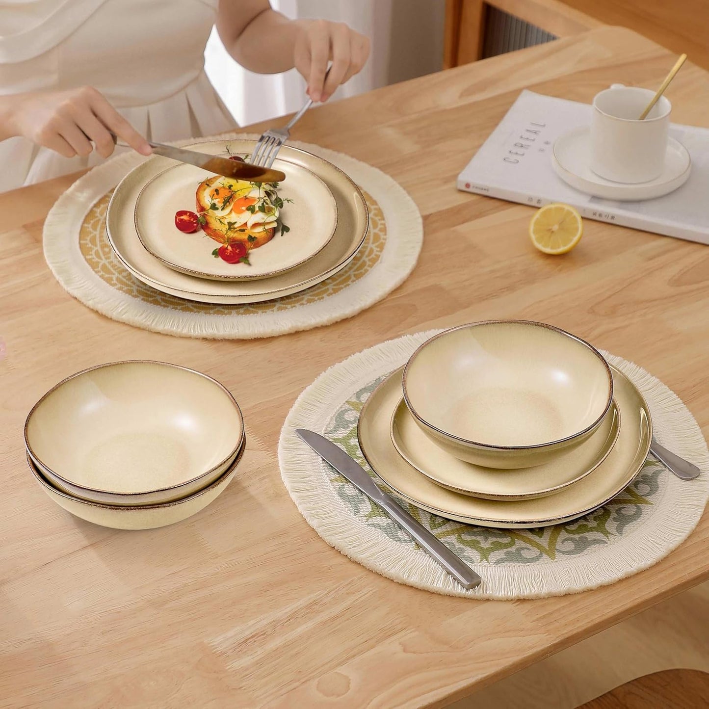 Herogo Stoneware Dinnerware Sets for 6, 18pcs Irregular Handmade Dinner Dish Set, Plates and Bowls Dishware for Kitchen Dining, Microwave & Dishwasher Safe, Cream Khaki