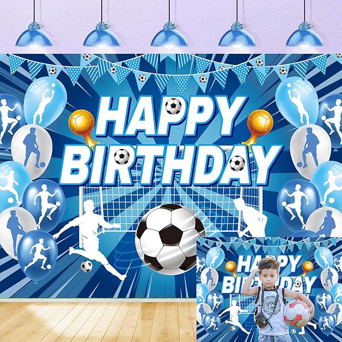 XCKALI Soccer Birthday Backdrop Blue Soccer Happy Birthday Photography Bckdground Sports Party Decorations Photo Booth Pro...