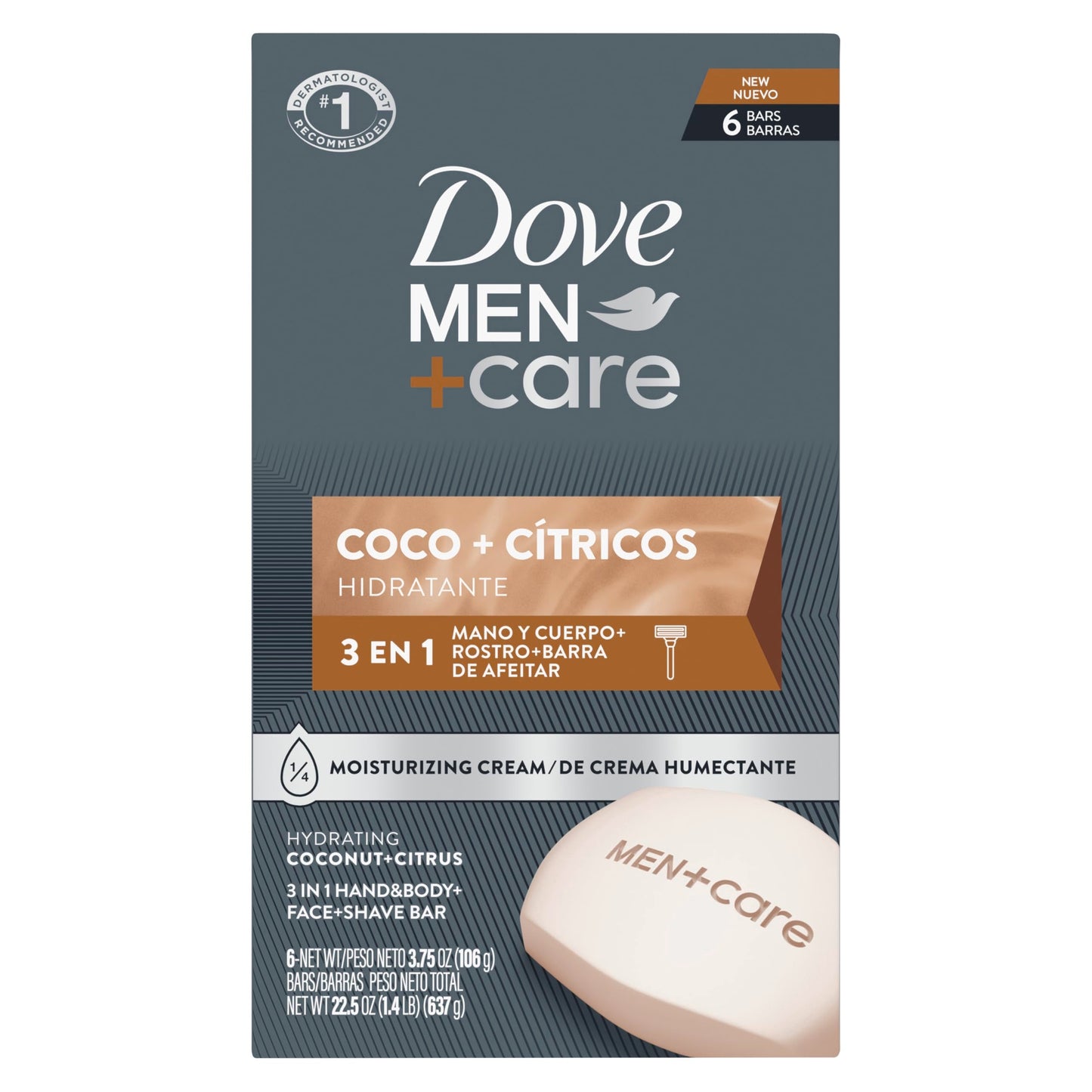 DOVE MEN + CARE Hidratante Coco + C  tricos Hand & Body Face + Shave Bar 6 Count for Hydrated Skin 3.75 oz