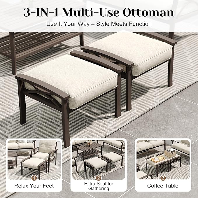FansaFurn 8-Pieces Outdoor Patio Furniture Set, Outdoor Metal Sectional Furniture with Cushions, Outdoor Conversation Seating Set with Coffee Table for Garden, Balcony, Deck, Backyard, Khaki